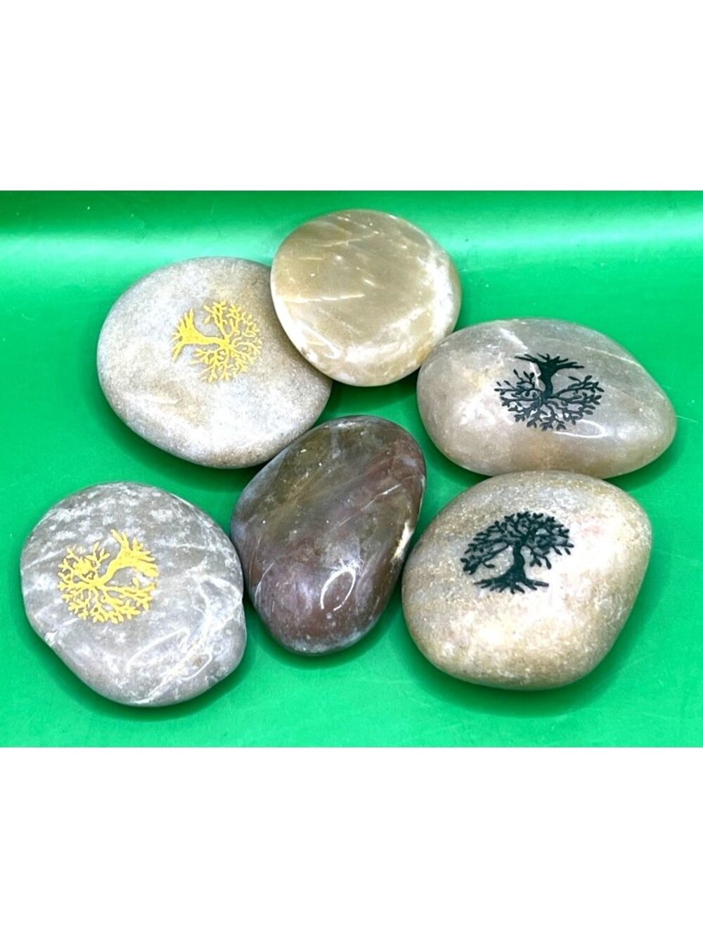 Mixed Lot Polished River Stones Crafting Décor Tree of Life Engraved Rock Set